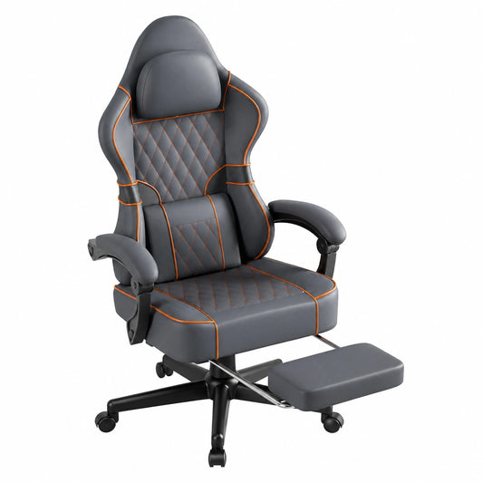 Sedia da Gaming Huracan ergonomica con massaggio, girevole e regolabile con poggiapiedi, Poltrona in pelle PU per PC, Grigio-bianco
