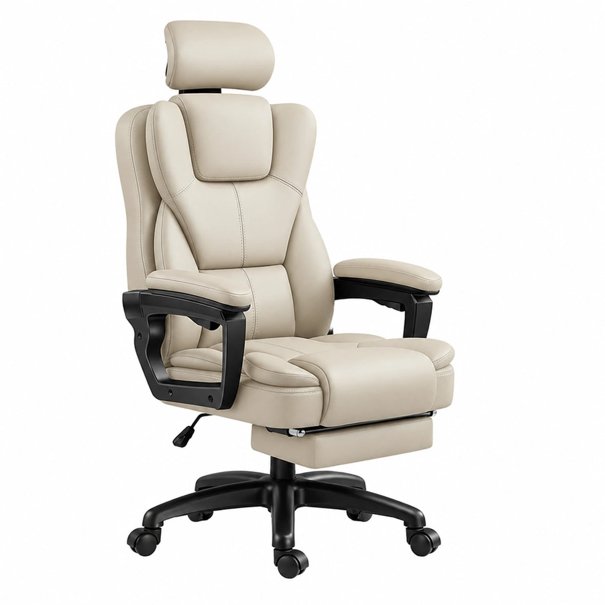 Poltrona ergonomica direzionale in pelle PU con rotelle e poggiatesta, altezza regolabile, nero e beige