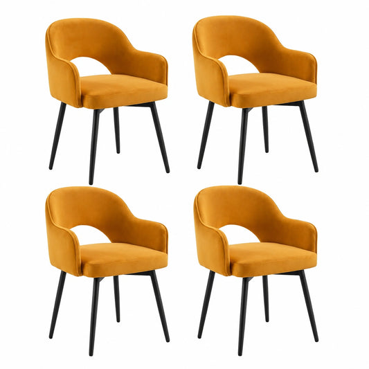 Set 4 Sedie Girevoli in Velluto con Gambe in Metallo, Giallo