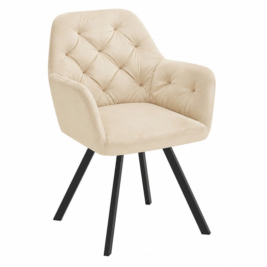 Sedia in Velluto Girevole a 180°, Ergonomica con Braccioli, Gambe in Acciaio - Crema